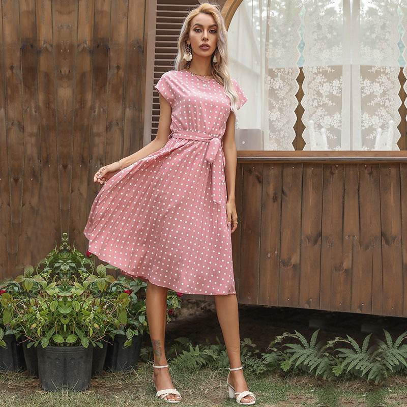 Summer Women Polka Dot Short Sleeve Dress Casual Pleated Midi Dresses Elegant Green Office Lady Clothing - EX-STOCK Canada