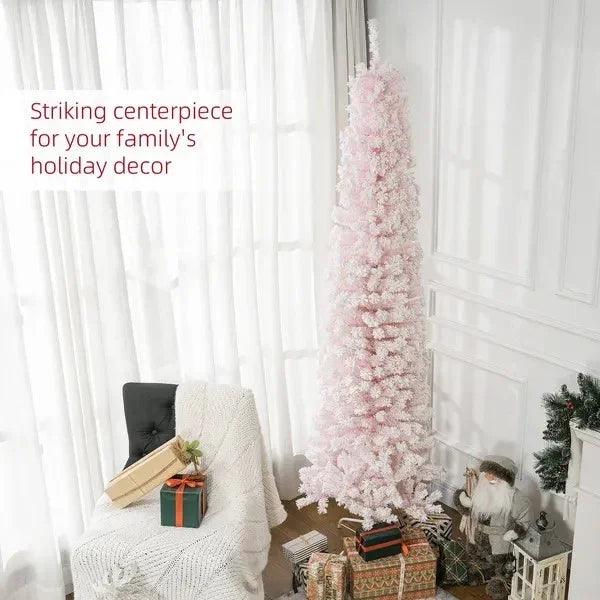 7.5ft Flocked Christmas Tree, Pencil Christmas Tree With Realistic Branch Tips, Folding Metal Stand EX-STOCK Canada