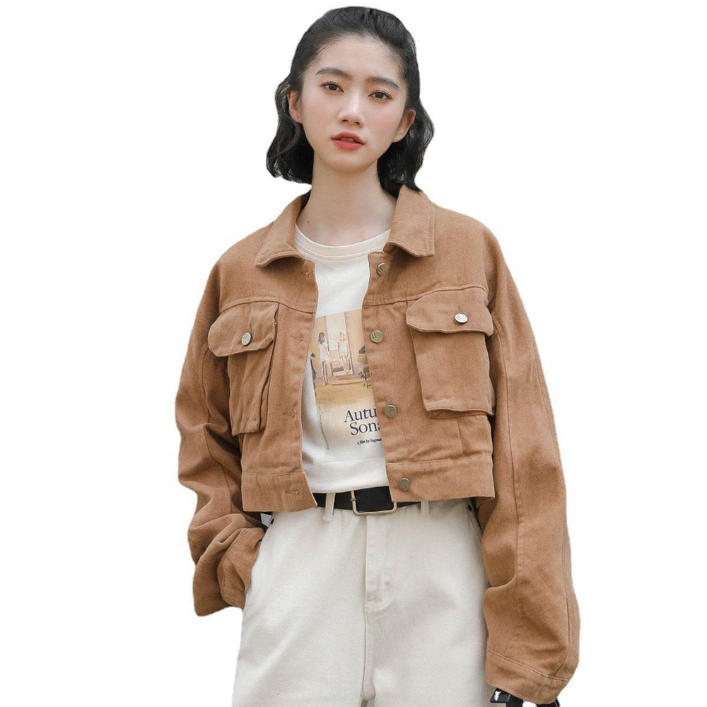 Single Breasted Long Sleeve Cargo Crop Denim Jacket Women - EX-STOCK Canada