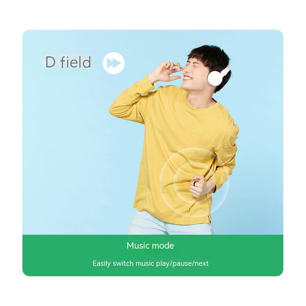 Person wearing headphones with 'D field' text and music mode interface on a blue background
