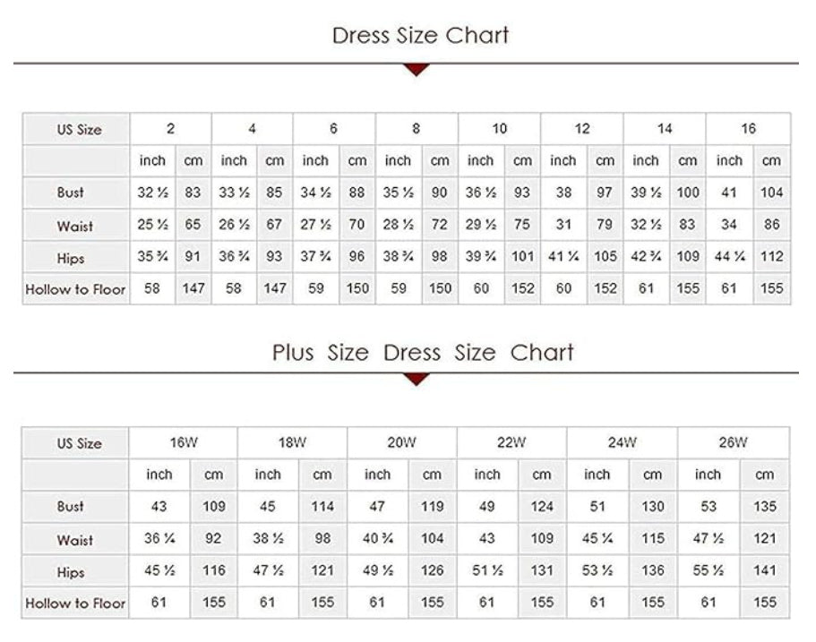A dress size chart table with two sections: 'Dress Size Chart' and 'Plus Size Dress Size Chart'. The chart lists US sizes 2 through 26V with columns for inch measurements in both centimeters and inches, including Bust, Waist, and Hips.