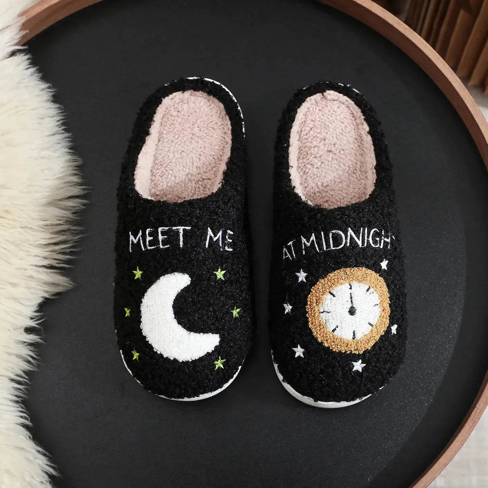 Fashion Moon And Clock Print Home Slippers Winter Warm Floor Bedroom House Shoes For Women - EX-STOCK Canada