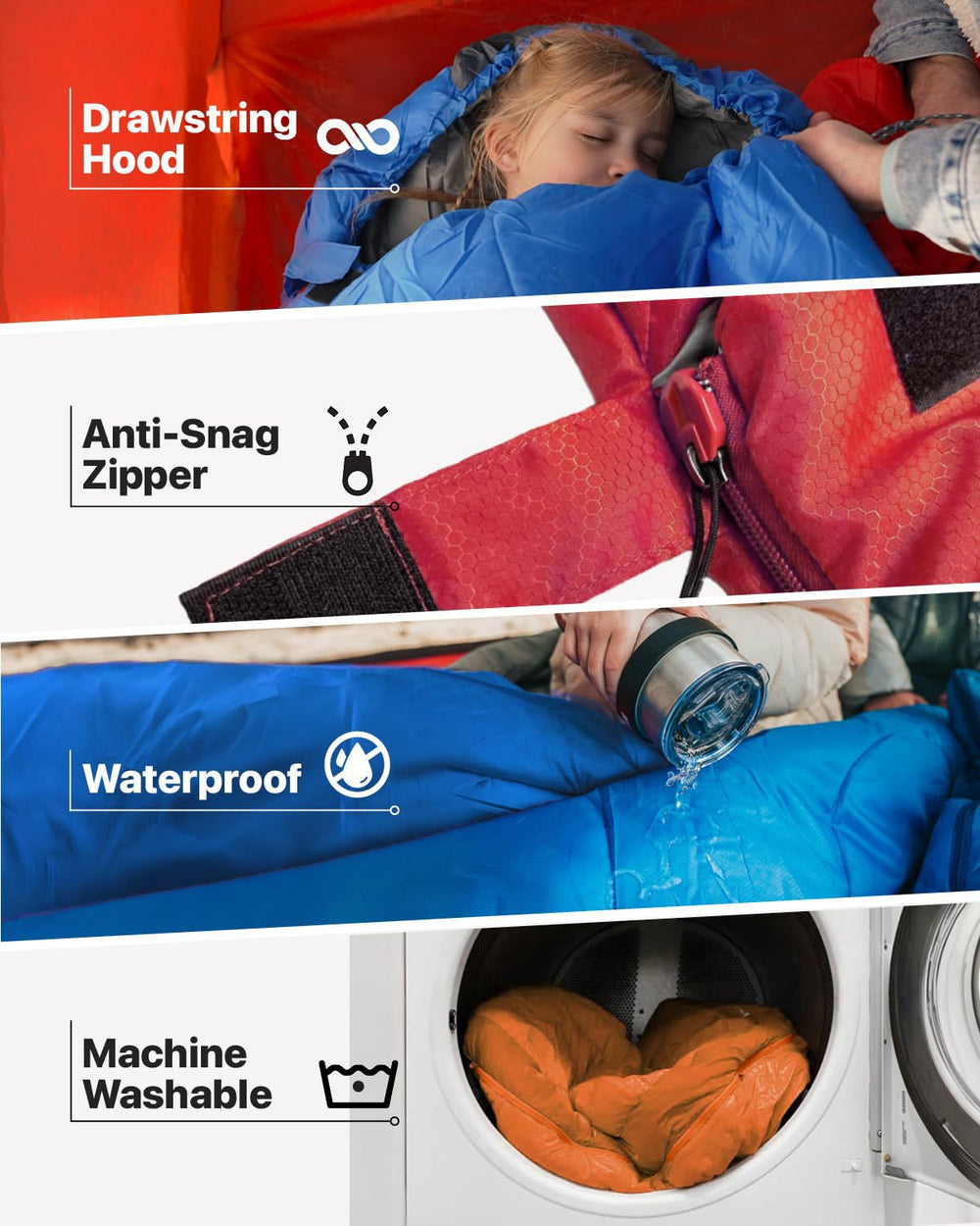 Product features of a jacket with drawstring hood, anti-snag zipper, waterproof material, and machine washable capability.