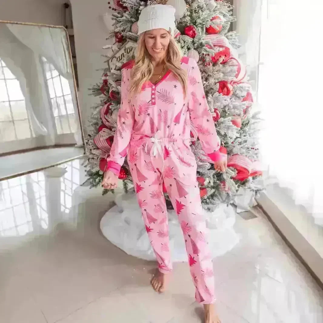 Christmas Pajamas Suit Christmas Tree Printed Long Sleeve Button Two-piece Set - EX-STOCK CANADA