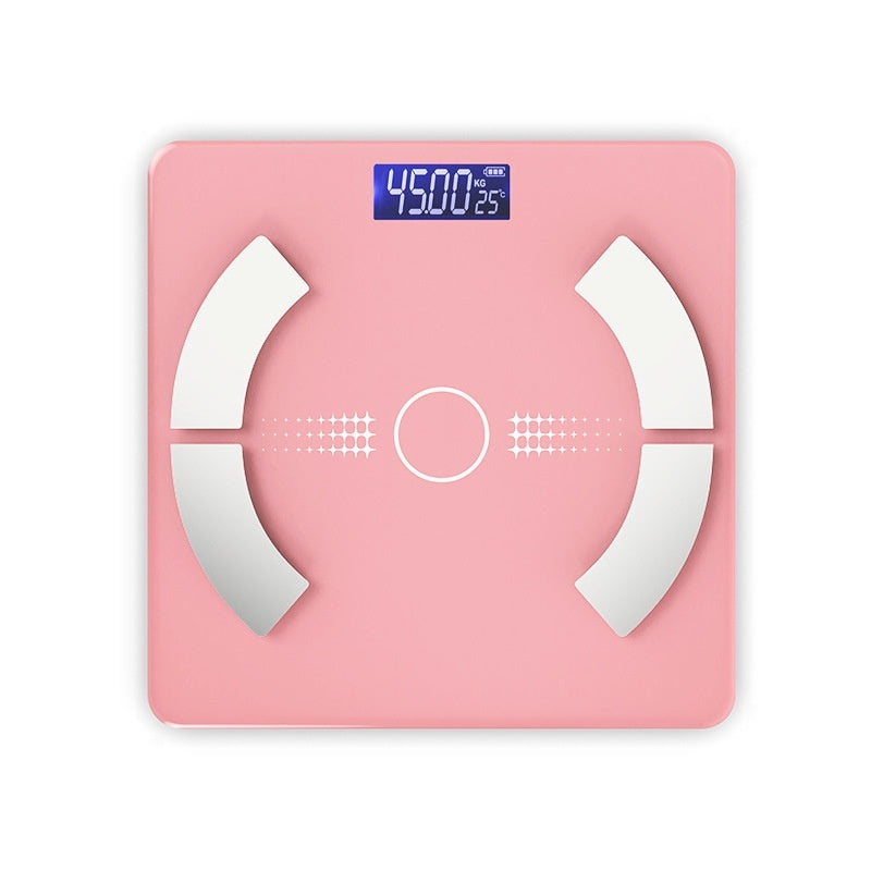Pink digital bathroom scale with a white border on a white background
