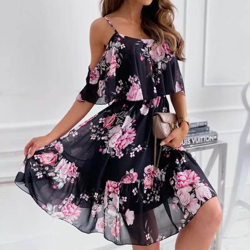 Flower Printed Ruffled Suspender Dress Summer Off-the-shoulder Strap Dresses Women - EX-STOCK Canada
