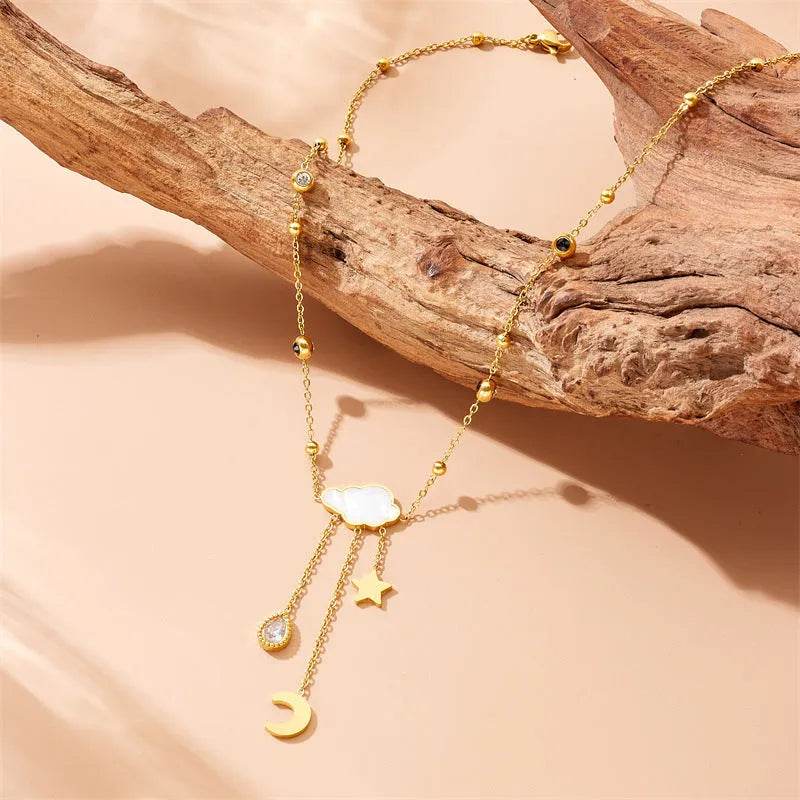 White Shell Cloud Star Moon Long Fringe Water Drop Fashion Necklace - EX-STOCK Canada