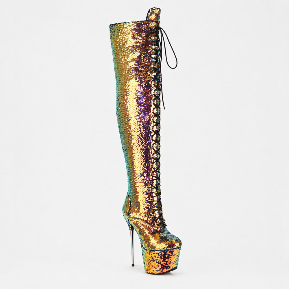 Women's Sequined Over-the-Knee Stiletto Boots – Black, Green, Silver & Gold | Sizes 32–43