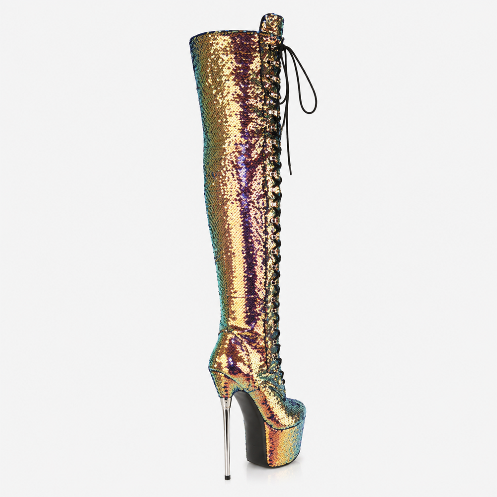Women's Sequined Over-the-Knee Stiletto Boots – Black, Green, Silver & Gold | Sizes 32–43