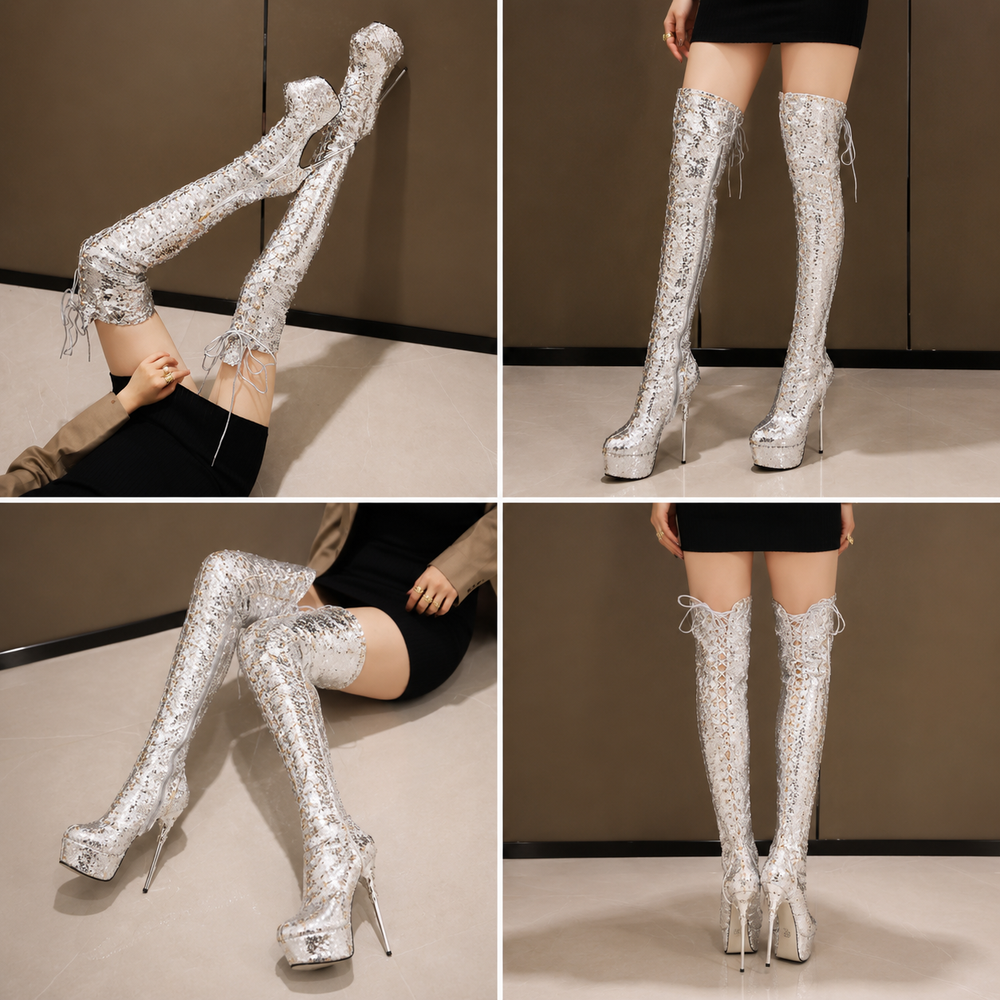 Women's Sequined Over-the-Knee Stiletto Boots – Black, Green, Silver & Gold | Sizes 32–43