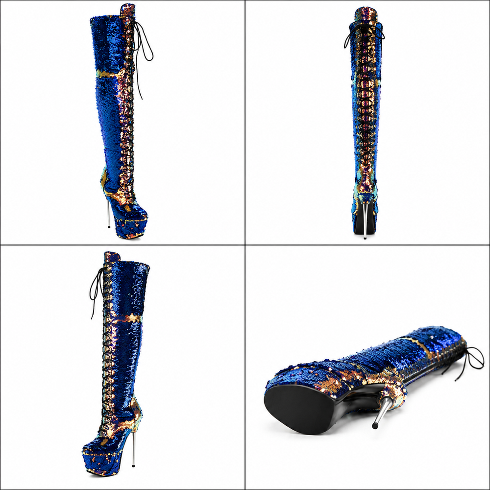 Women's Sequined Over-the-Knee Stiletto Boots – Black, Green, Silver & Gold | Sizes 32–43