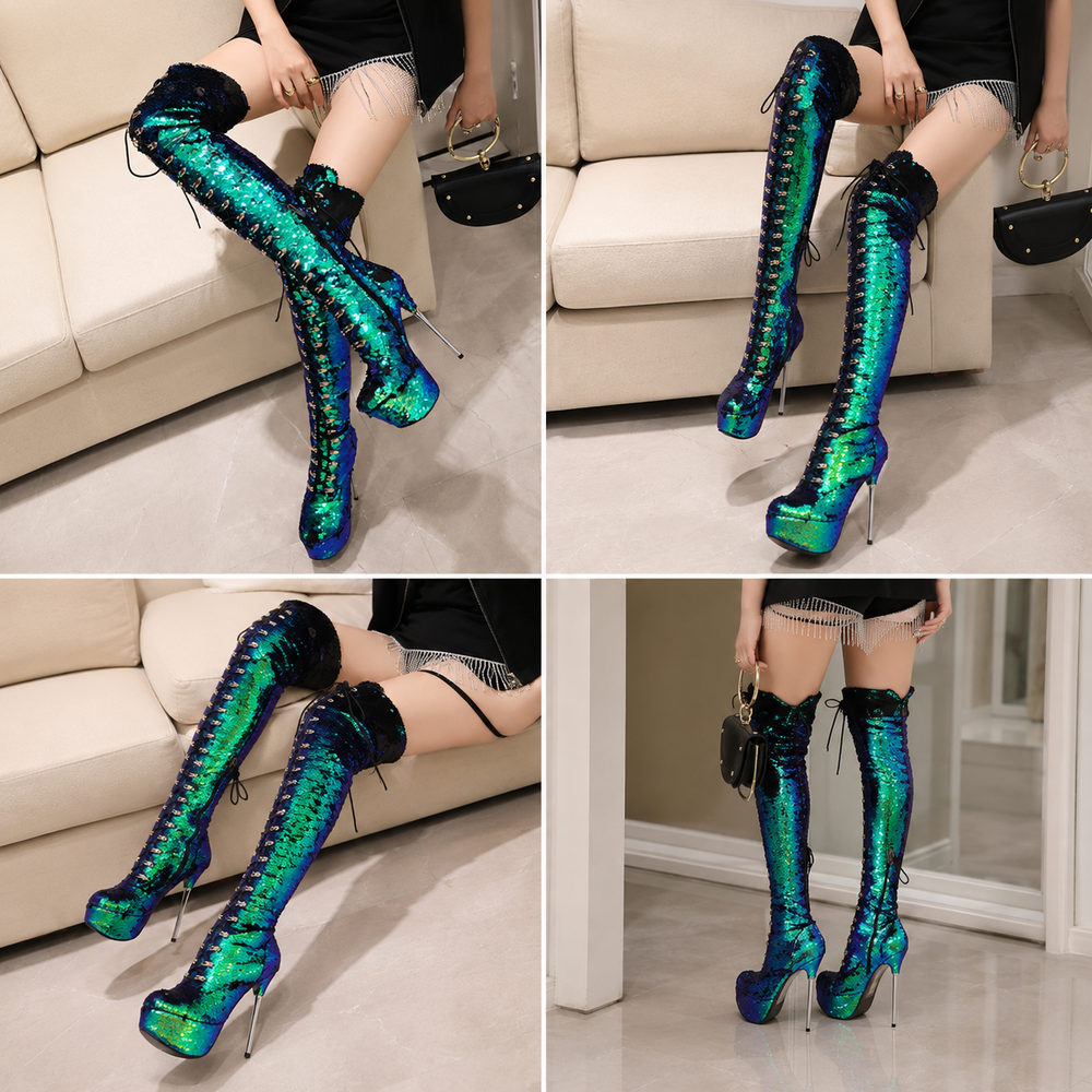 Women's Sequined Over-the-Knee Stiletto Boots – Black, Green, Silver & Gold | Sizes 32–43