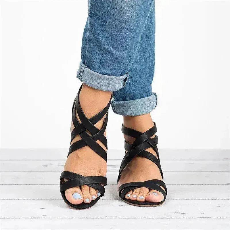 Fish Mouth Cross Strap Buckle Mid Wedge Heel Plain Women Sandals - EX-STOCK Canada