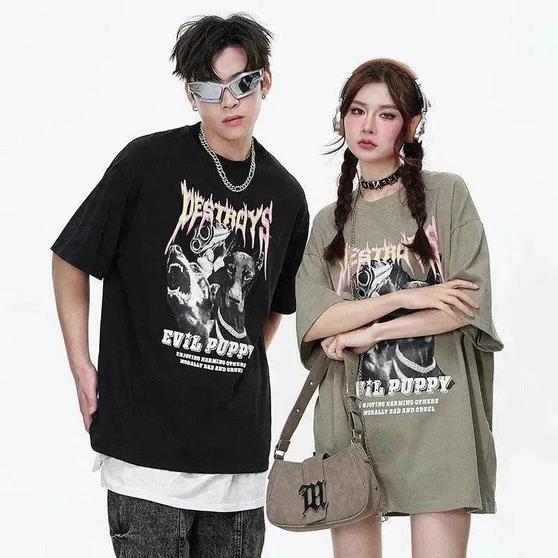 Flame Letter Print Heavy T-shirt Round Neck Loose Casual Short Sleeve - EX-STOCK Canada