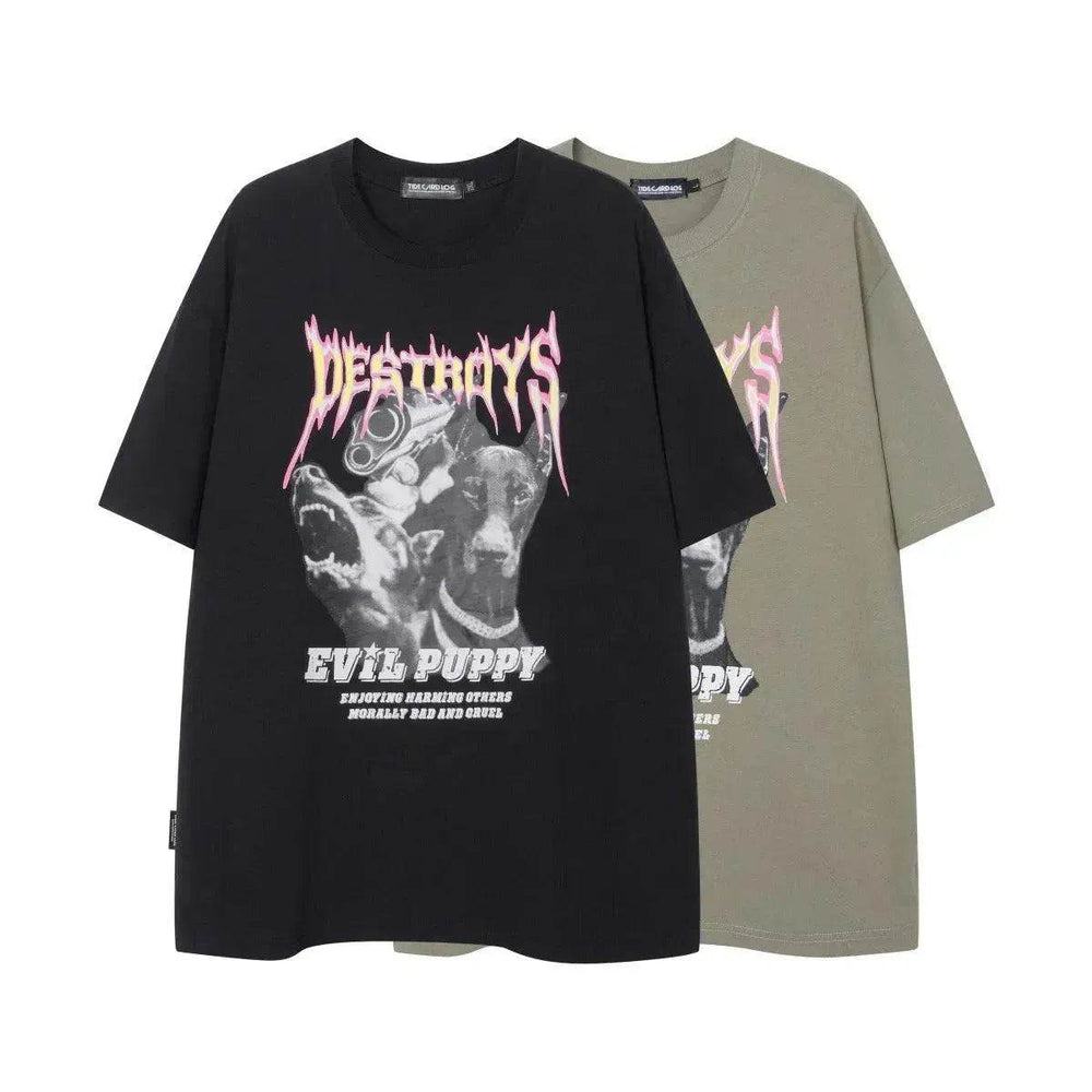 Flame Letter Print Heavy T-shirt Round Neck Loose Casual Short Sleeve - EX-STOCK Canada