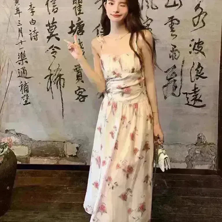 Floral Slip Dress Waist Slimming Seaside Vacation Mid-length Dress - EX-STOCK CANADA