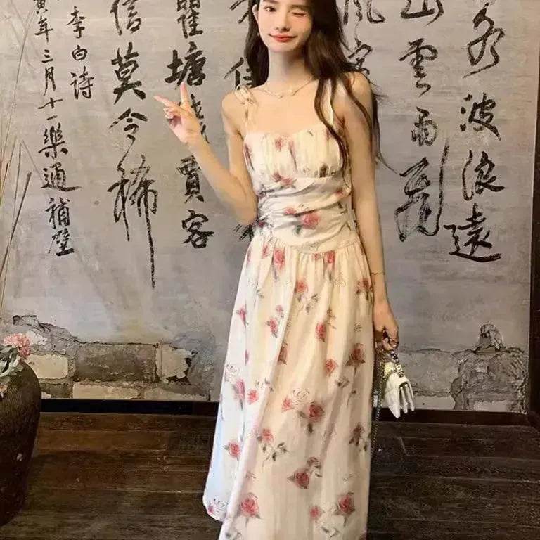 Floral Slip Dress Waist Slimming Seaside Vacation Mid-length Dress - EX-STOCK Canada