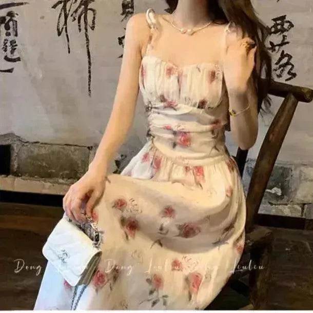 Floral Slip Dress Waist Slimming Seaside Vacation Mid-length Dress - EX-STOCK Canada