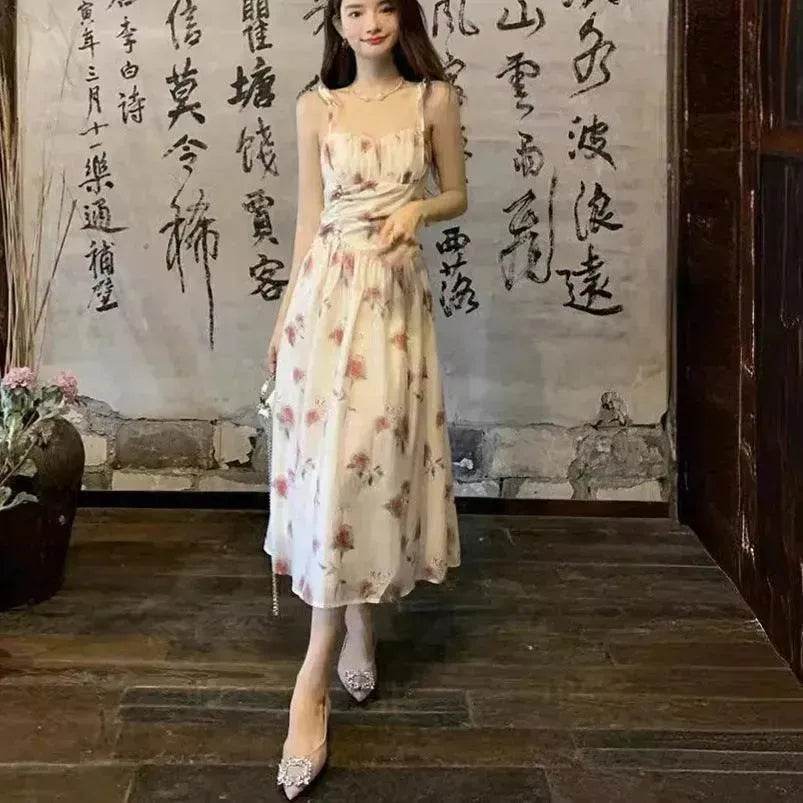 Floral Slip Dress Waist Slimming Seaside Vacation Mid-length Dress - EX-STOCK Canada
