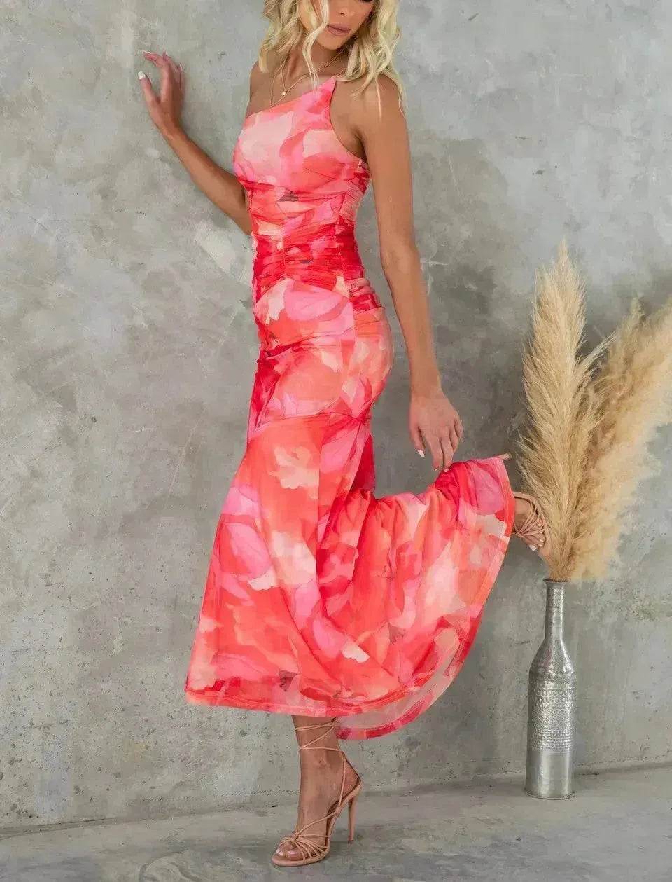 Flowers Print One-shoulder Midi Dress Summer INS Casual Suspender Women Dress - EX-STOCK Canada