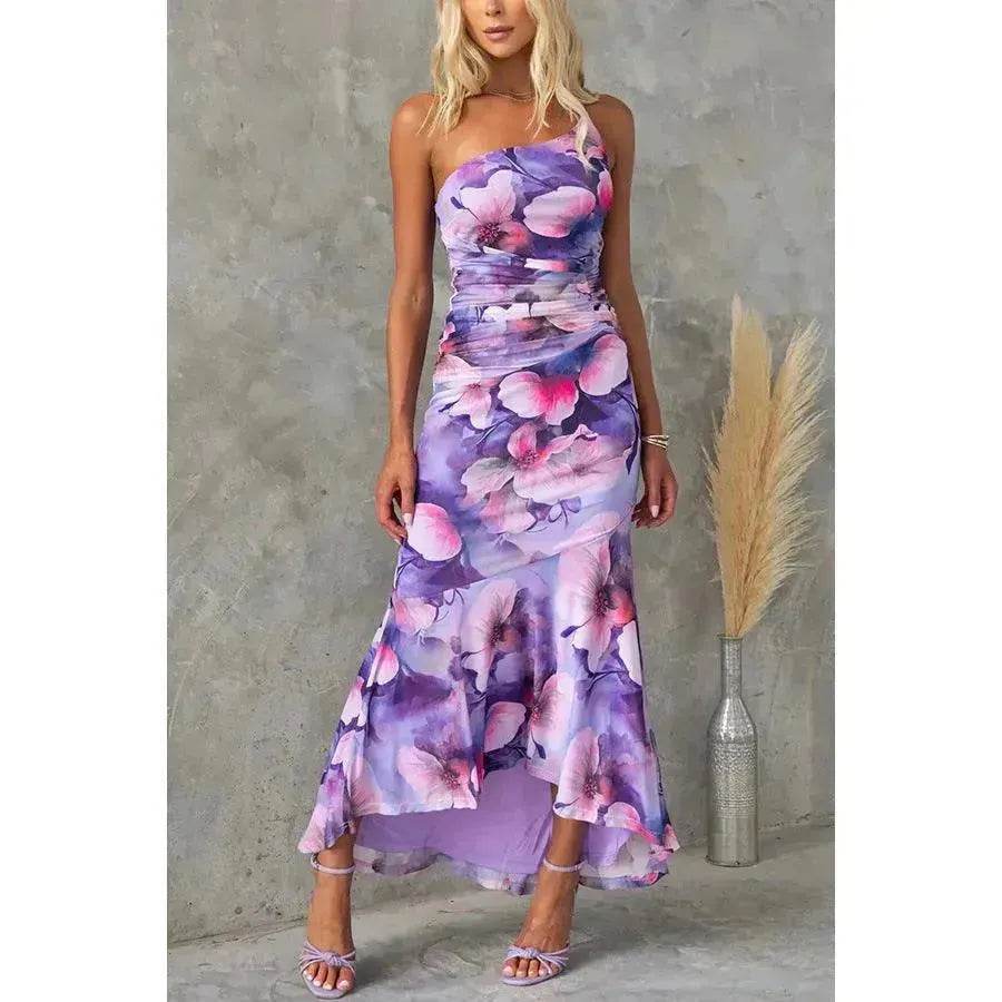 Flowers Print One-shoulder Midi Dress Summer INS Casual Suspender Women Dress - EX-STOCK Canada