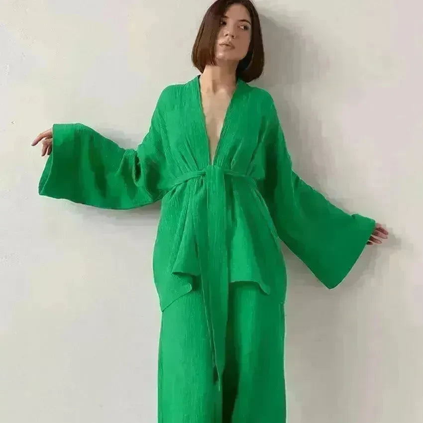 French Loose Gown Trousers Double Gauze Ladies Pajamas - EX-STOCK CANADA