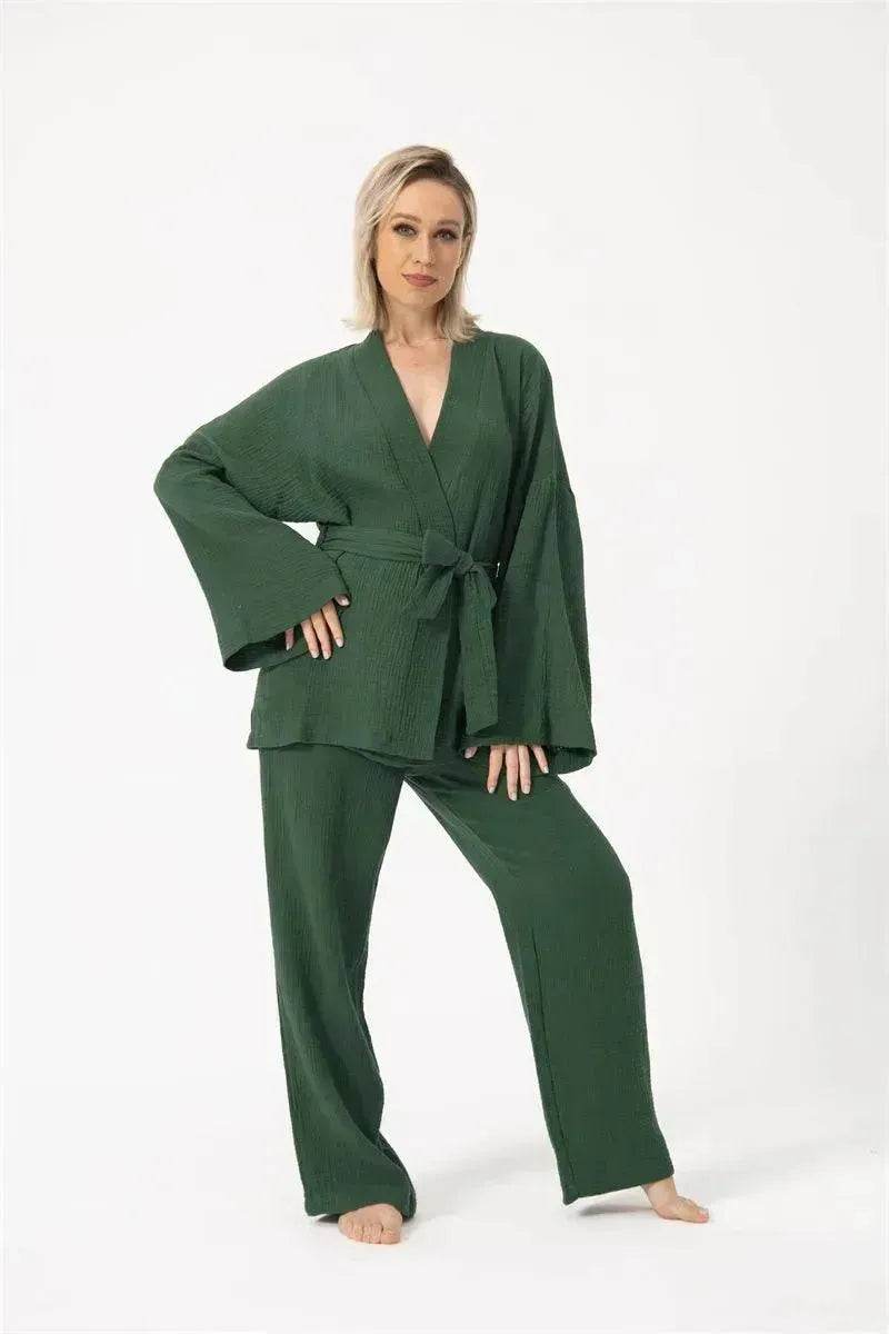 French Loose Kimono Jacket Trousers Double Gauze Ladies Loungewear Outfit set - EX-STOCK Canada