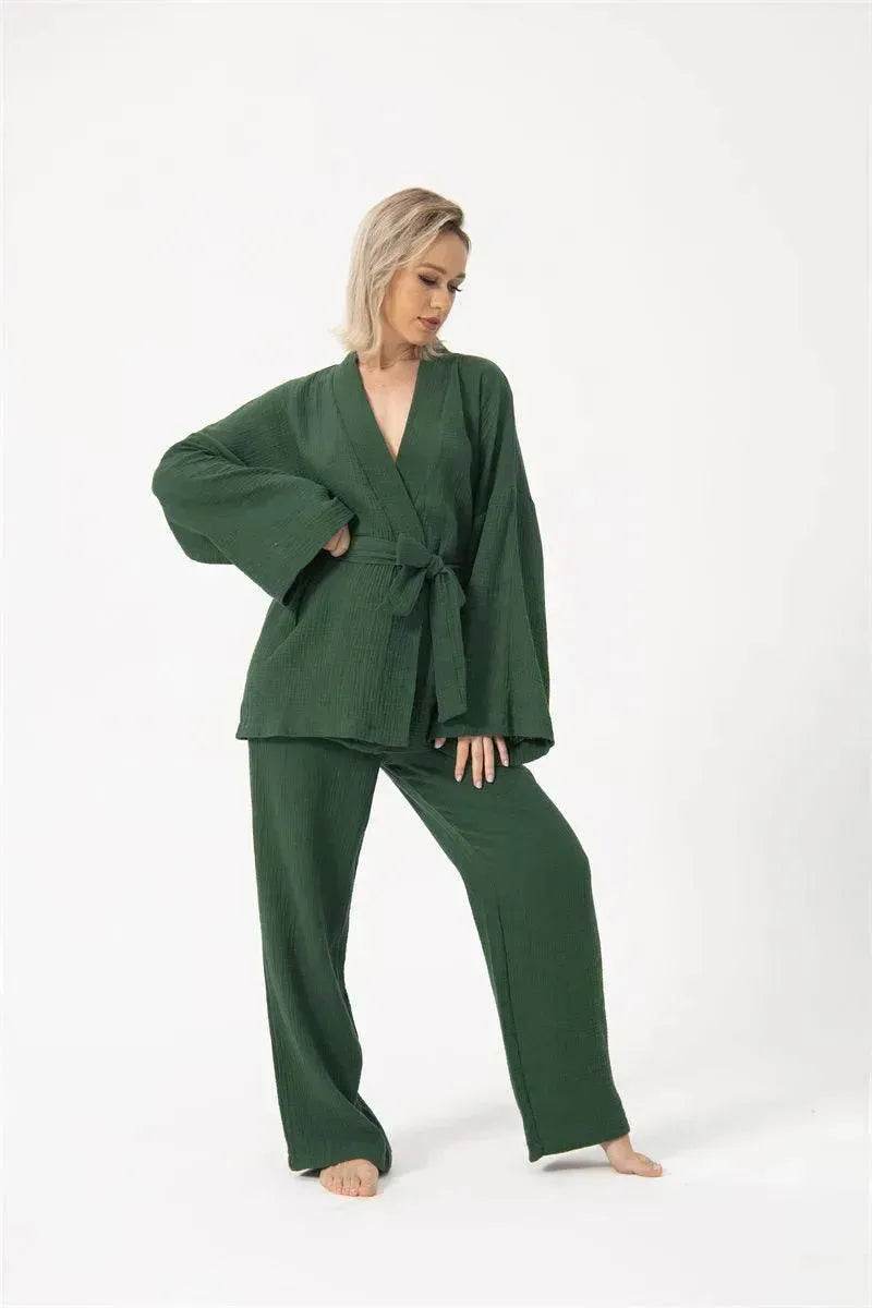 French Loose Kimono Jacket Trousers Double Gauze Ladies Loungewear Outfit set - EX-STOCK Canada