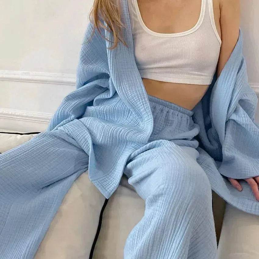 French Loose Kimono Jacket Trousers Double Gauze Ladies Loungewear Outfit set - EX-STOCK Canada