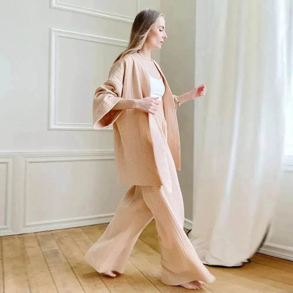 French Loose Kimono Jacket Trousers Double Gauze Ladies Loungewear Outfit set - EX-STOCK Canada