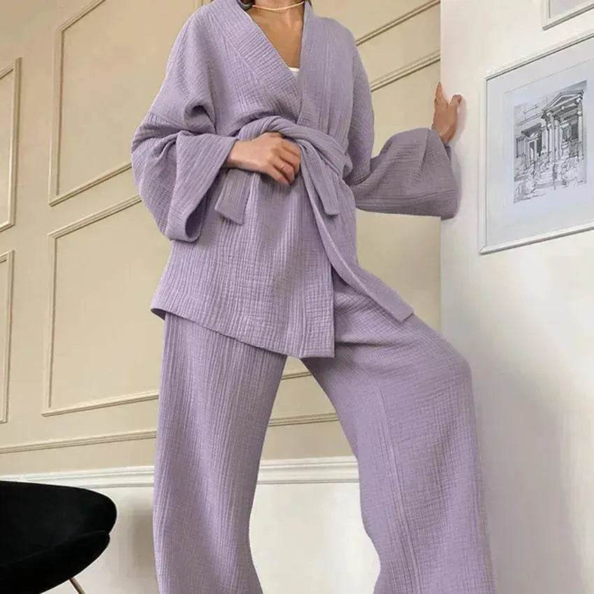 French Loose Kimono Jacket Trousers Double Gauze Ladies Loungewear Outfit set - EX-STOCK Canada