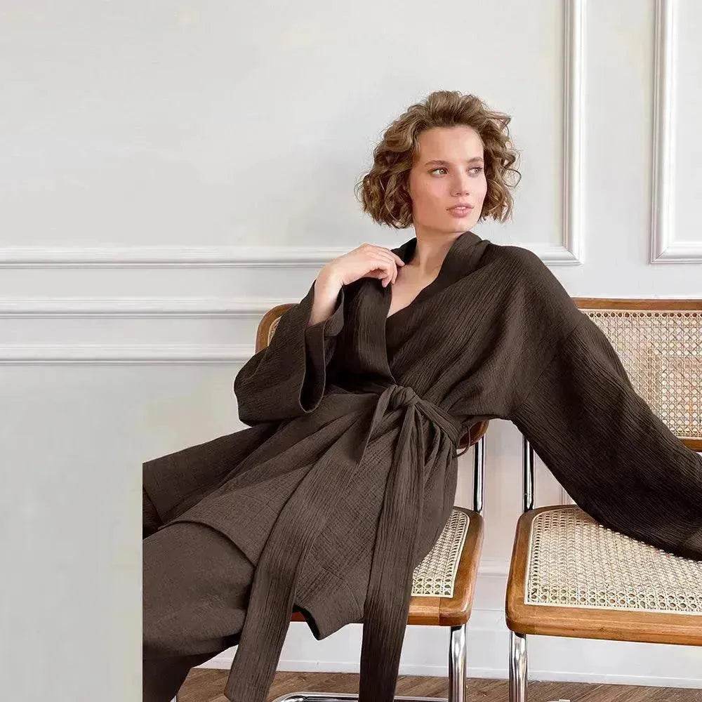 French Loose Kimono Jacket Trousers Double Gauze Ladies Loungewear Outfit set - EX-STOCK Canada