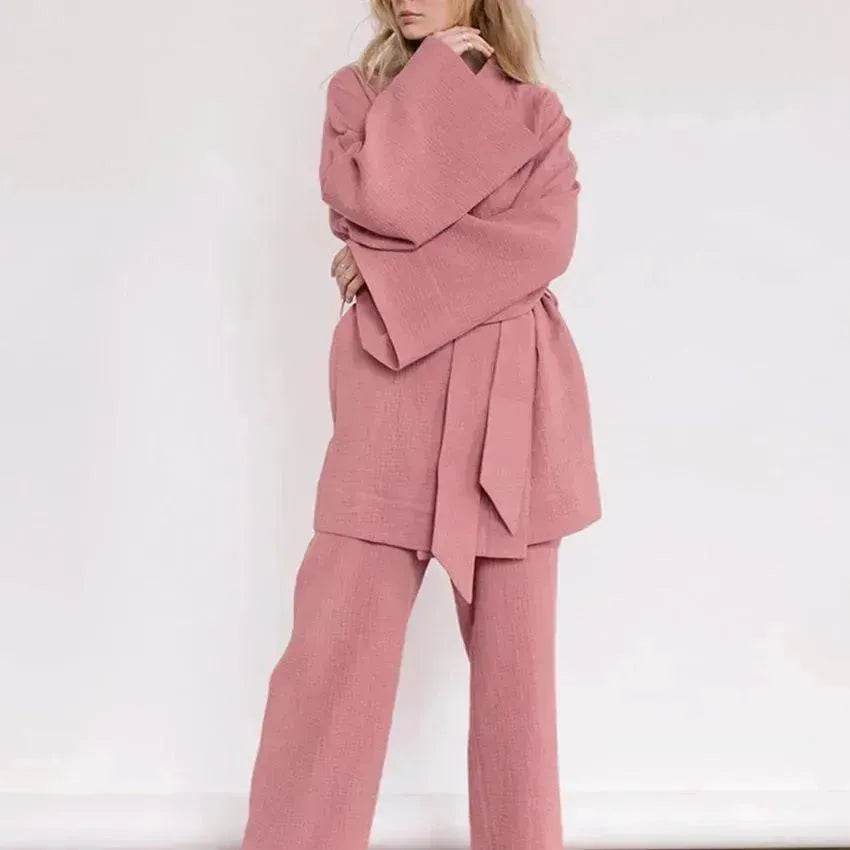 French Loose Kimono Jacket Trousers Double Gauze Ladies Loungewear Outfit set - EX-STOCK Canada