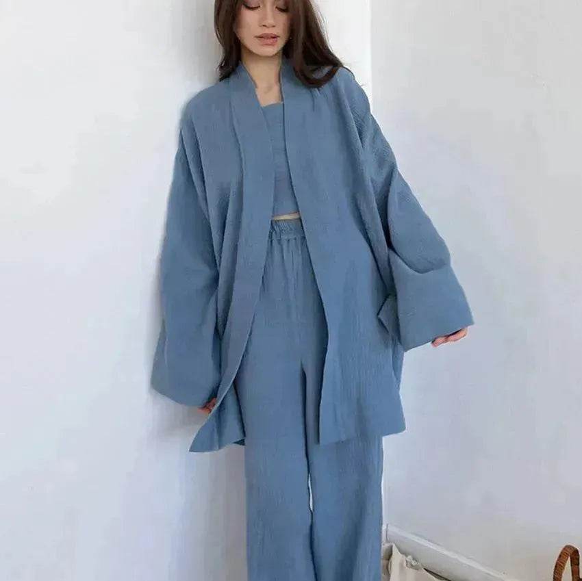 French Loose Kimono Jacket Trousers Double Gauze Ladies Loungewear Outfit set - EX-STOCK Canada