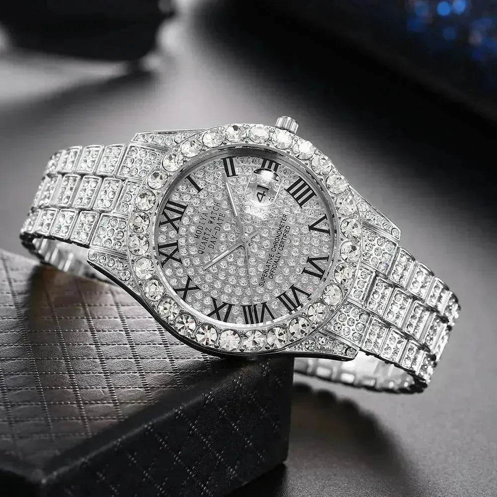Full Diamond Surface Roman Scale Steel Watch Unisex Wrist Watch - EX-STOCK Canada