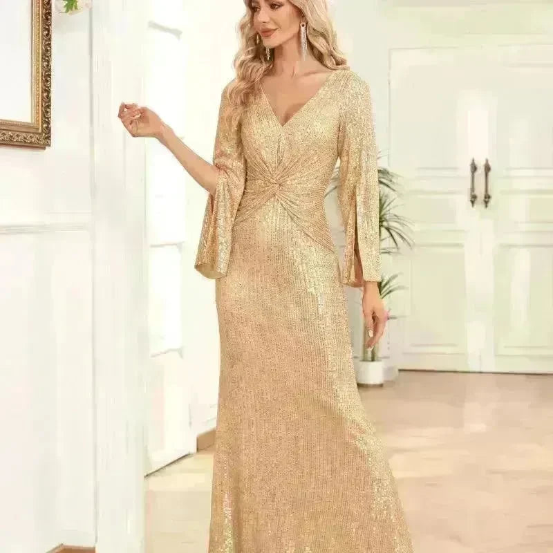 Gold Sequin Slim Fishtail Bridesmaid Banquet Party Wedding Evening Dress - EX-STOCK CANADA