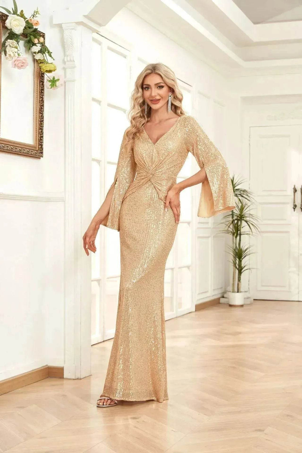 Gold Sequin Slim Fishtail Bridesmaid Banquet Party Wedding Evening Dress - EX-STOCK Canada