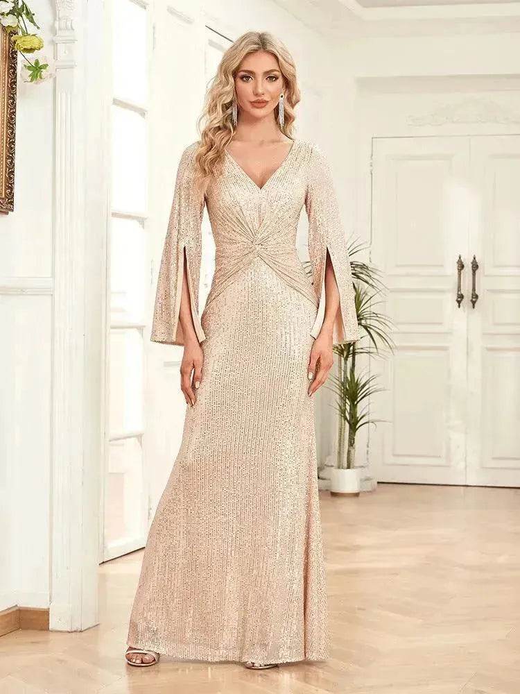Gold Sequin Slim Fishtail Bridesmaid Banquet Party Wedding Evening Dress - EX-STOCK Canada