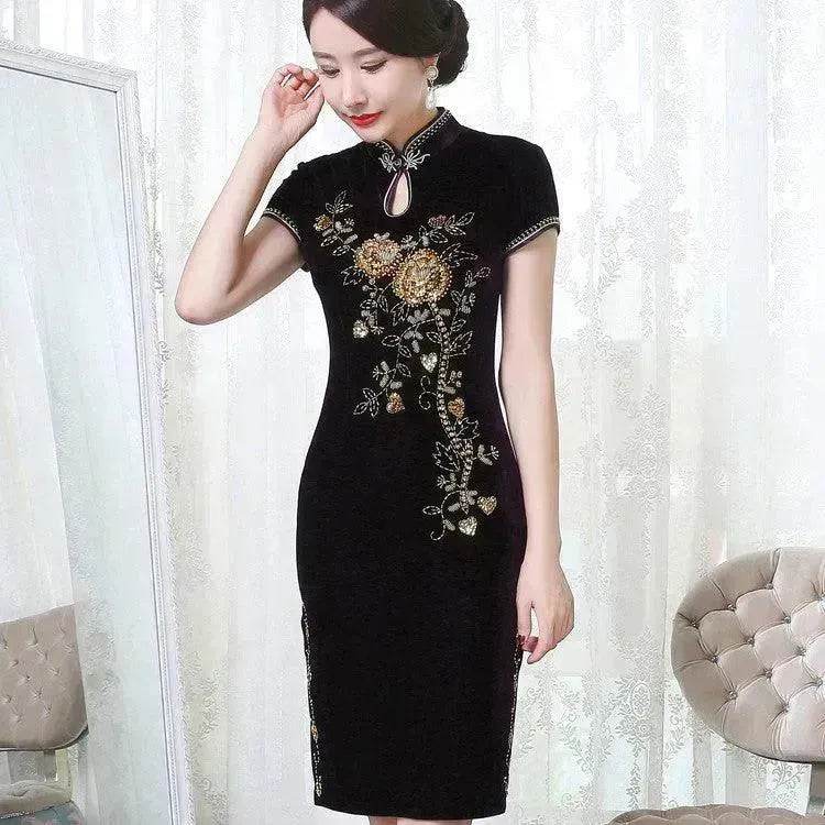 Golden Velvet Retro Modified Beaded Medium-length Cheongsam - EX-STOCK Canada