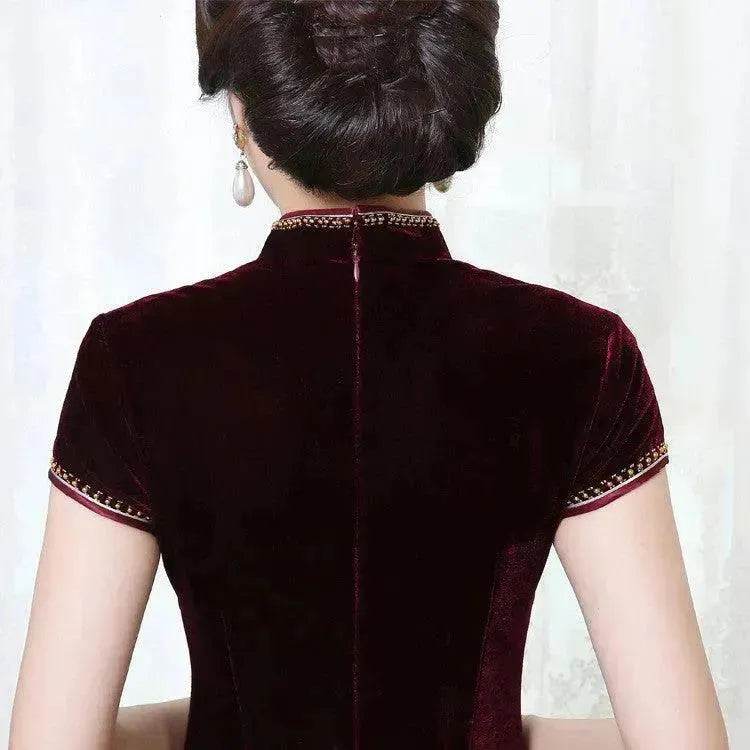 Golden Velvet Retro Modified Beaded Medium-length Cheongsam - EX-STOCK Canada