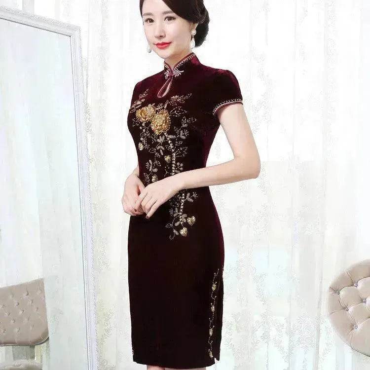 Golden Velvet Retro Modified Beaded Medium-length Cheongsam - EX-STOCK Canada