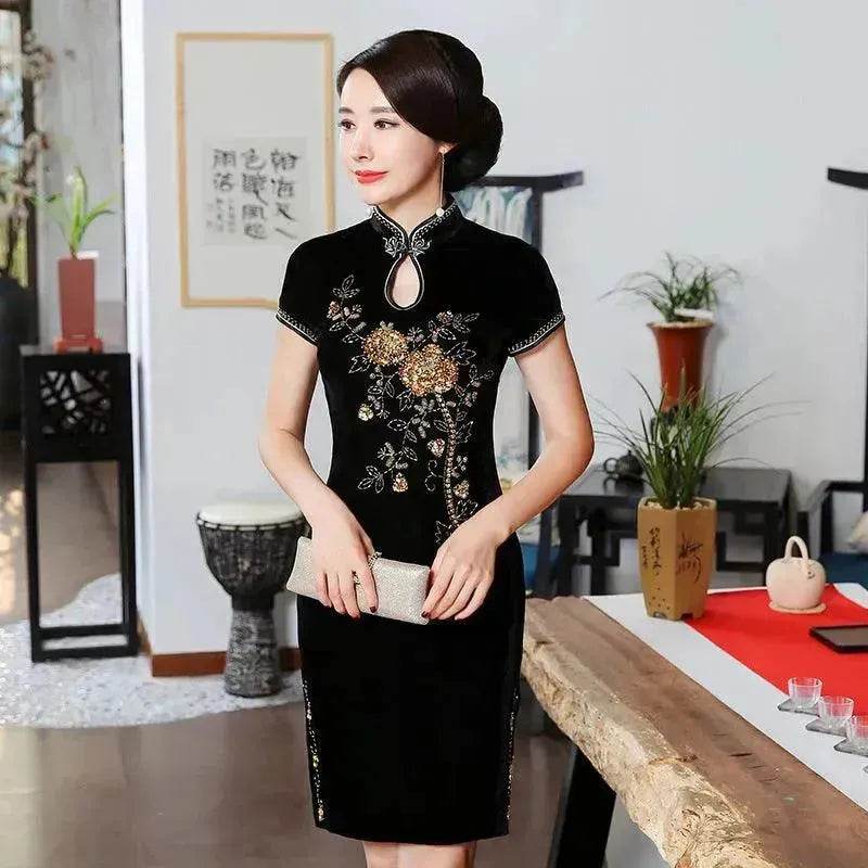 Golden Velvet Retro Modified Beaded Medium-length Cheongsam - EX-STOCK Canada