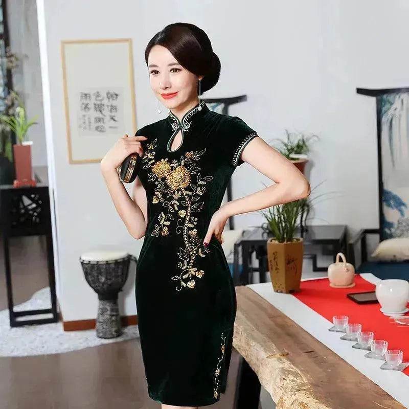 Golden Velvet Retro Modified Beaded Medium-length Cheongsam - EX-STOCK Canada
