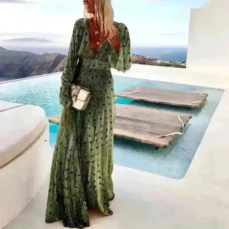 Green Gradient Spot Print Fashion Temperament Deep V Swing Dress - EX-STOCK CANADA