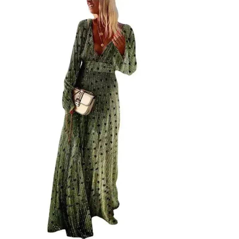 Green Gradient Spot Print Fashion Temperament Deep V Swing Dress - EX-STOCK Canada