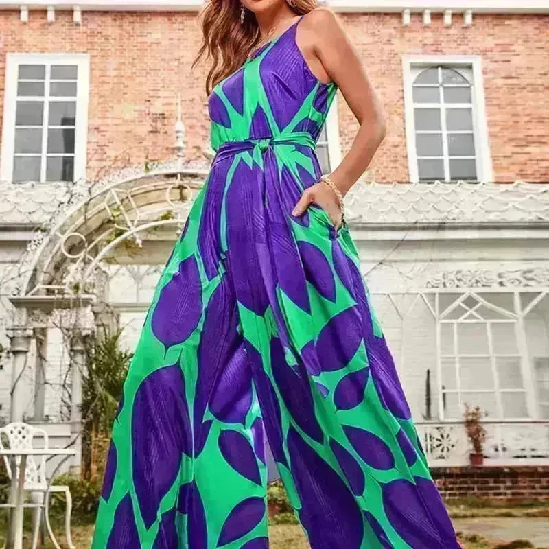 Green Printing Casual Lace Up Jumpsuit - EX-STOCK CANADA
