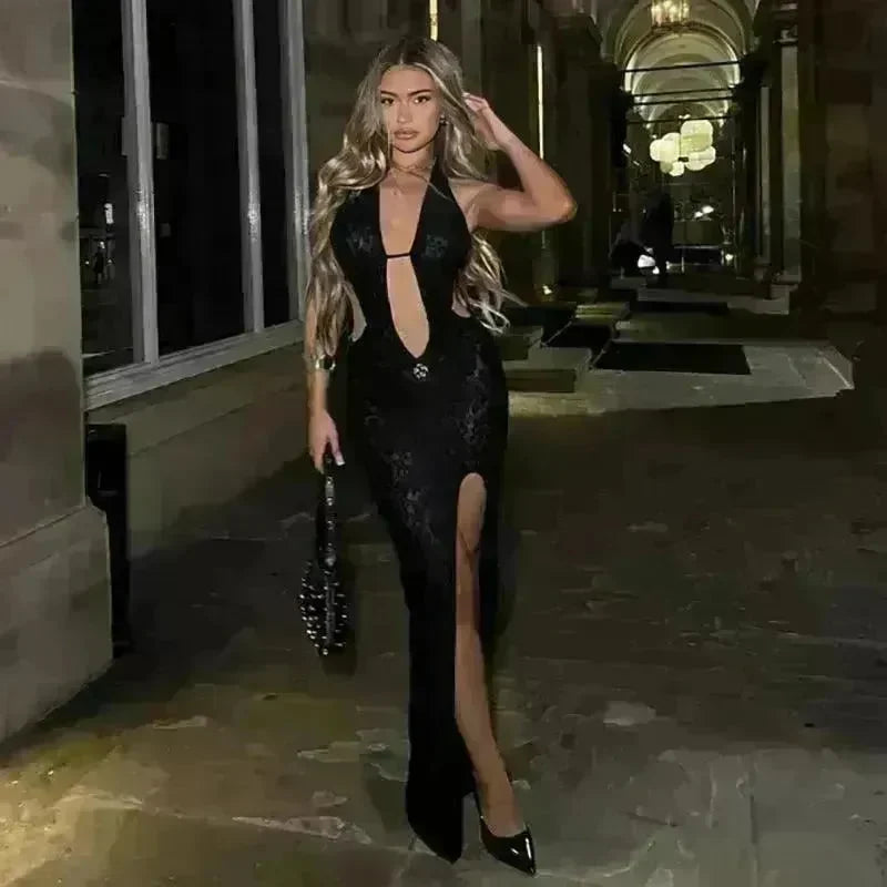 Halter Lace-up Deep V-neck Hollow-out High Waist Slit Slim Fit Dress - EX-STOCK CANADA