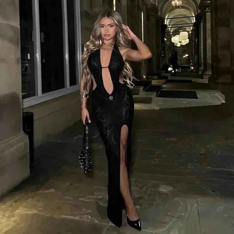 Halter Lace-up Deep V-neck Hollow-out High Waist Slit Slim Fit Dress - EX-STOCK Canada