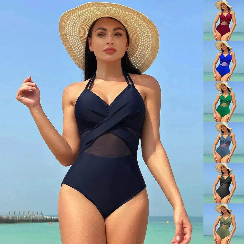 Halter neck One piece Swimsuit Summer Bikini Beach Solid Color Cross-strap Design Mesh - EX-STOCK Canada