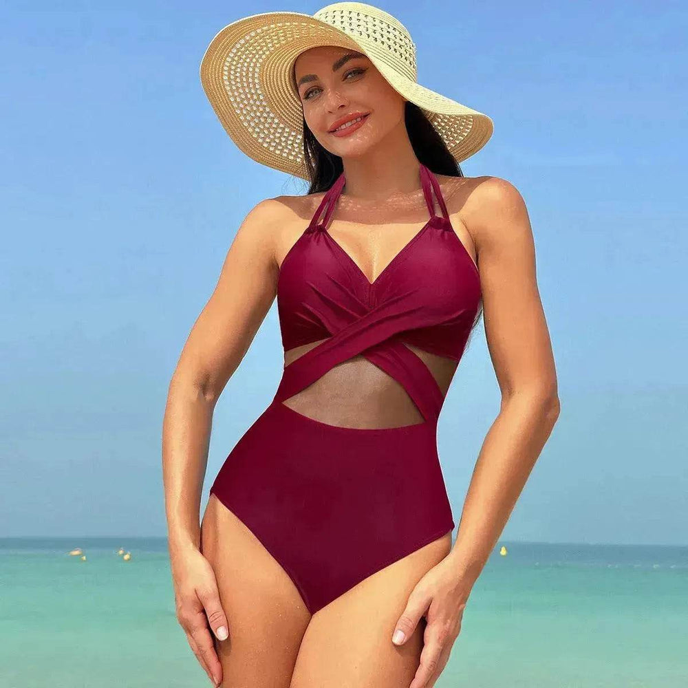 Halter neck One piece Swimsuit Summer Bikini Beach Solid Color Cross-strap Design Mesh - EX-STOCK Canada